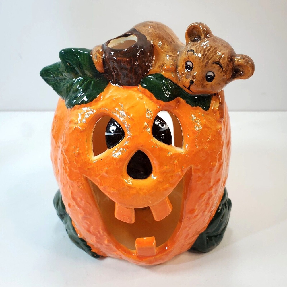 1988 Brinn's Halloween Jack O Lantern w/ Bear Ceramic Tea Light Holder Taiwan